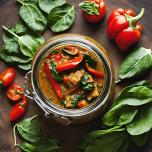 curry d'aubergine , poivrons rouges , epinards, tomates