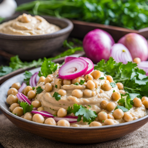 houmous avec salade de pois chiches et oignons pickled