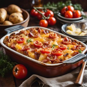 Casserole de Pommes de Terre aux Oignons, Jambon et Tomates Confites