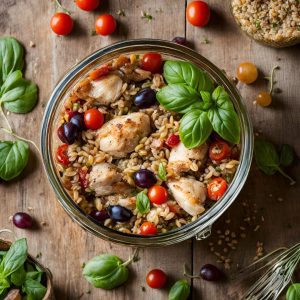 Suprême de Poulet, Casserole d'Épeautre, Raisin, Tomates et Basilic