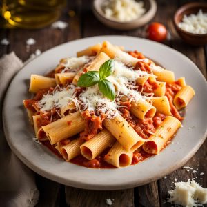Rigatoni sauce tomate, marjolaine, mozzarella, peccorino
