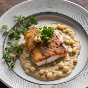 dos de cabillaud confit, houmous de pois chiches