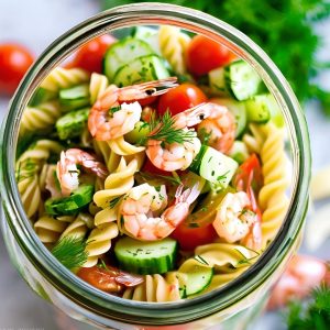 salade de pâtes, crevettes, tomate, concombre, aneth