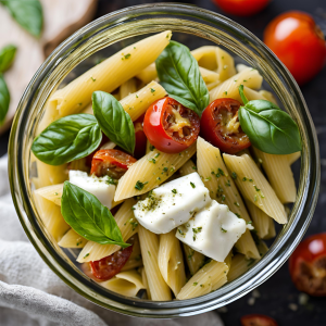 Salade de penne, pesto, tomates confites, mozzarella