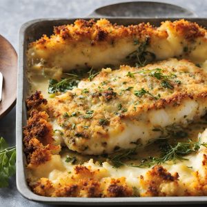 Dos de Cabillaud Rôti en Croûte d'Olives, Gratin de Pommes de Terre